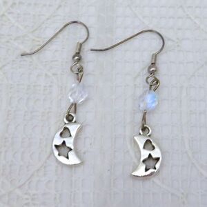 Crescent Moon Earrings Handmade Celestial Silver Toned Dangle Earrings For Women